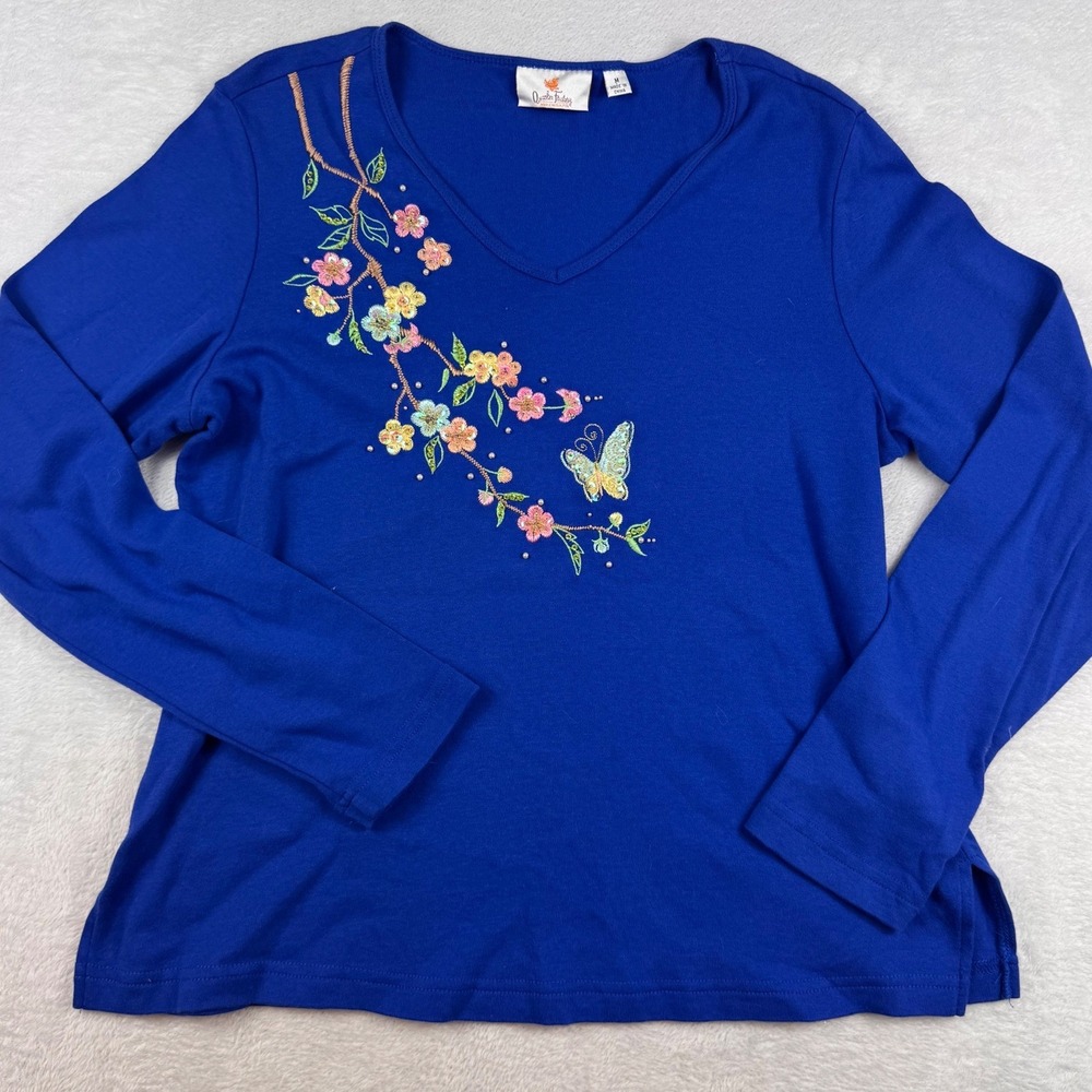 Quacker Factory Womens Blue Embroidered Floral Butterfly V-Neck Cotton Top M